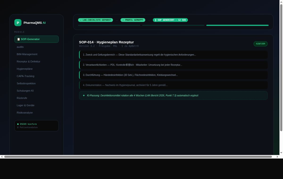 Dashboard PharmaQMS AI : génération de SOP conforme avec sidebar des modules