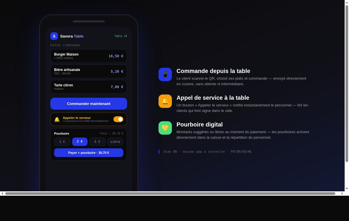Application Savora Table sur smartphone : commande à table, bouton appeler le serveur et pourboire digital